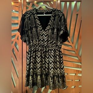 Free People black and gold silver metallic v-neck mini dress tie waste